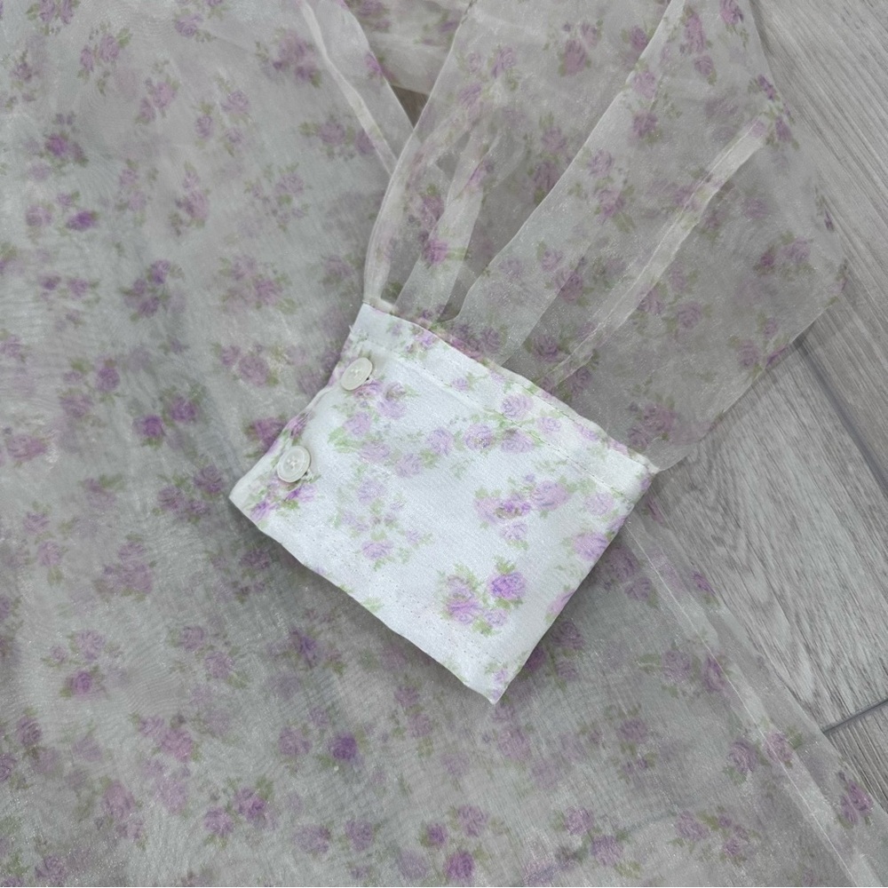 Zara organza sheer floral oversized collared button down small white pink - Picture 5 of 8